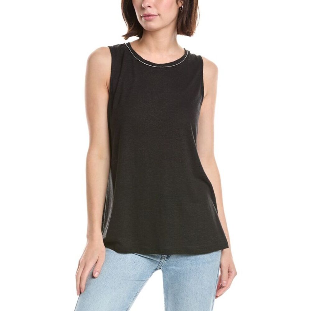Lemon Grass Womens  Beaded Neckline Linen-Blend Tank Top, Black